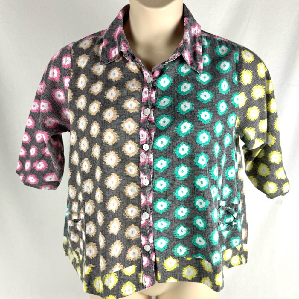 Vintage Tulip colorblock dotted button front and button back swing blouse small